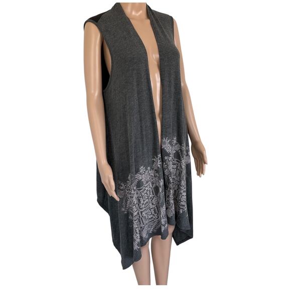 Y2K Dark Gray Rhinestone Boho Duster Vest Longline Grunge Open Front Layering L - Picture 3 of 7